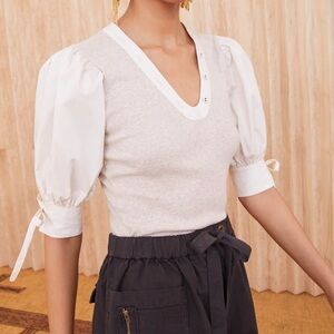 Ulla Johnson White and Gray Puff Sleeve Top